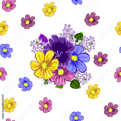 Seamless vector background with cute floral pattern. Design for cloth  wallpaper  gift wrapping. Print for silk  calico and other projects.Colorful flowers on white background.