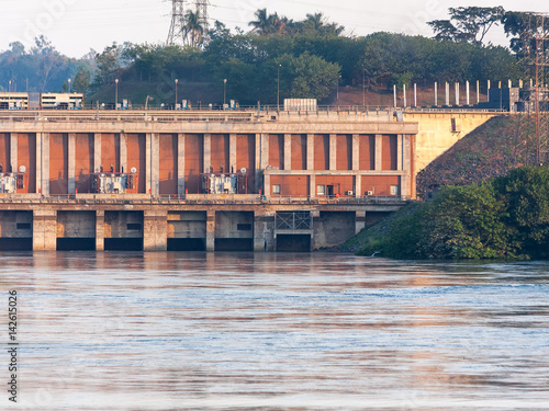 Victoria Nile River hydropower at sunset. Jinja, Uganda, Eastern Africa.
