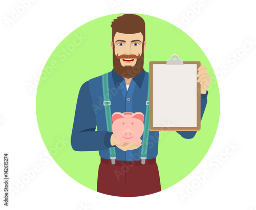 Hipster holding piggy bank and clipboard