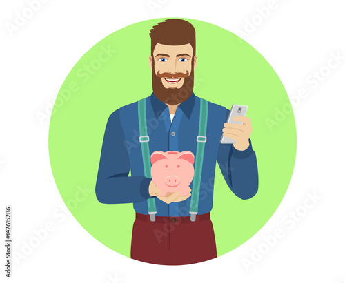Hipster holding mobile phone and piggy bank