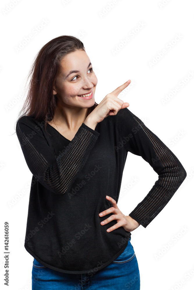 Woman pointing up Woman pointing up