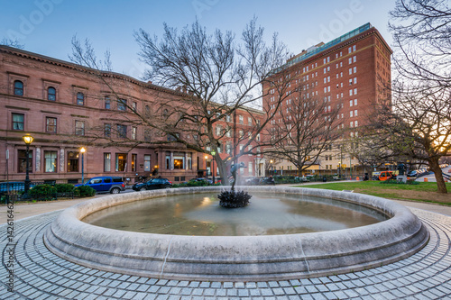 Fountain and buildings at Mount Vernon Place, in Mount Vernon, Baltimore, Maryland.