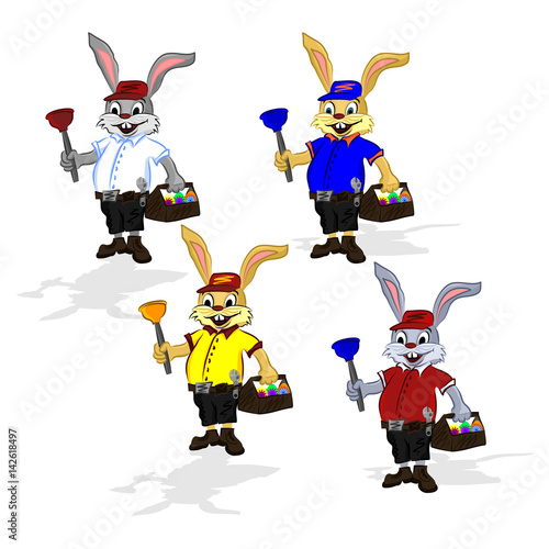 Easter cheerful rabbit  plumber. Vector illustration of a rabbit in a shirt and shorts that in one hand holds a plunger and in the second hand he holds a suitcase for tool with Easter eggs.