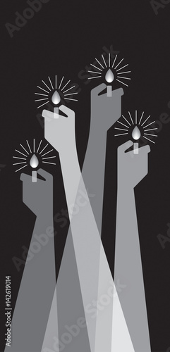 Stylized audience waving arms and hands holding lighters, black and white