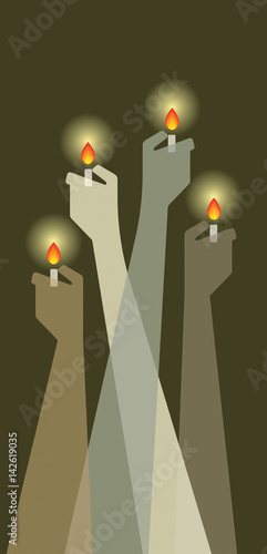 Stylized audience waving arms and hands holding lighters