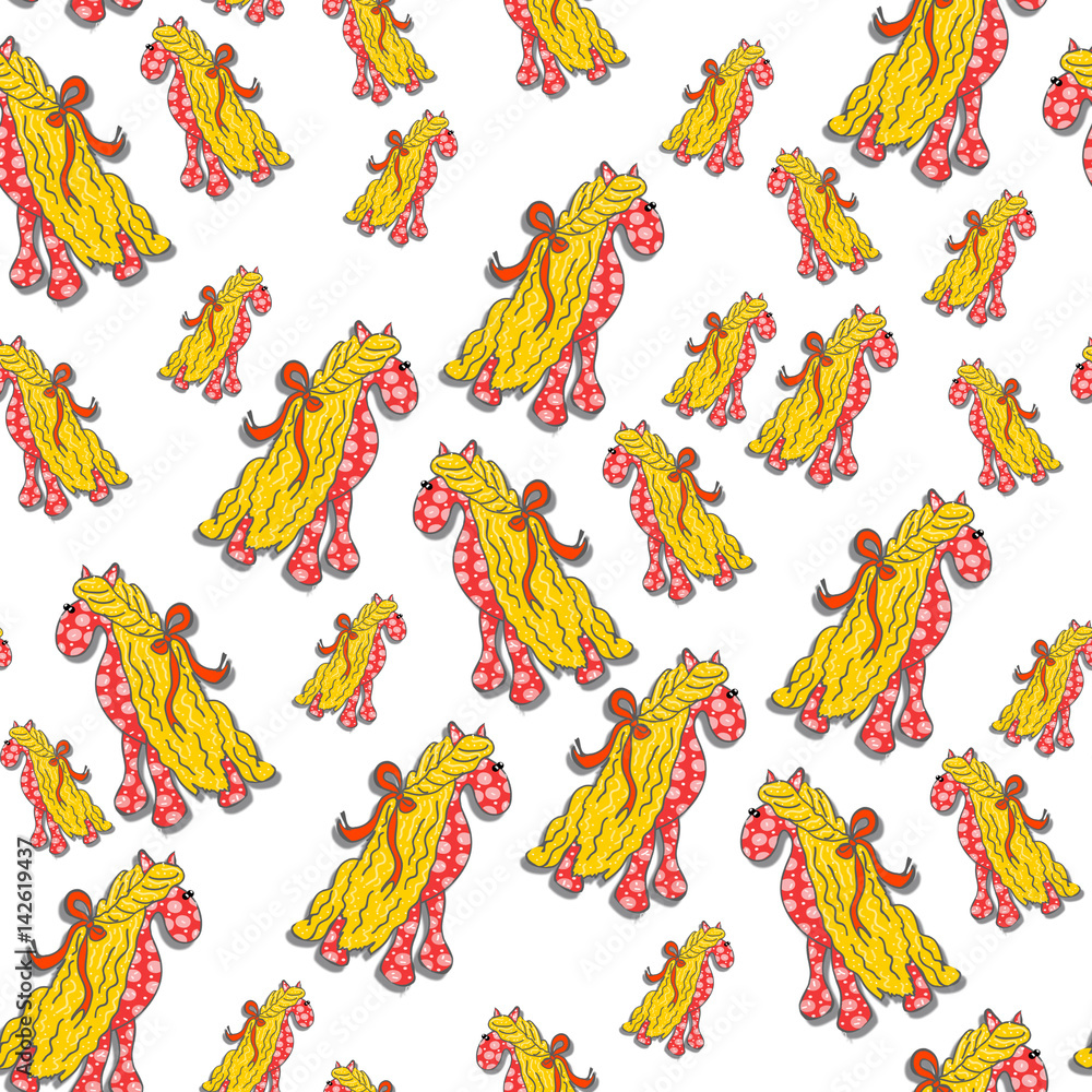 Obraz premium Seamless vintage pattern with children`s toy, horse, textile hand-made. On a white background.