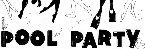 Pool party banner with legs of swimmers underwater, EPS 8 vector silhouette, no white objects, black only