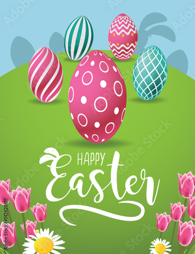 Happy Easter background with colorful eggs, tulips and daisies. EPS 10 vector.