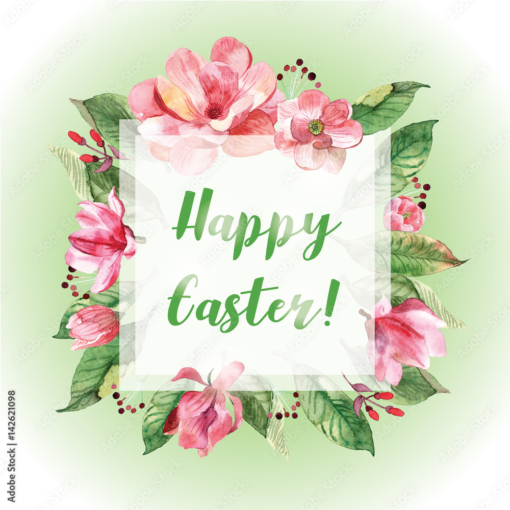 Happy Easter card with flowers. Poster. Watercolor.