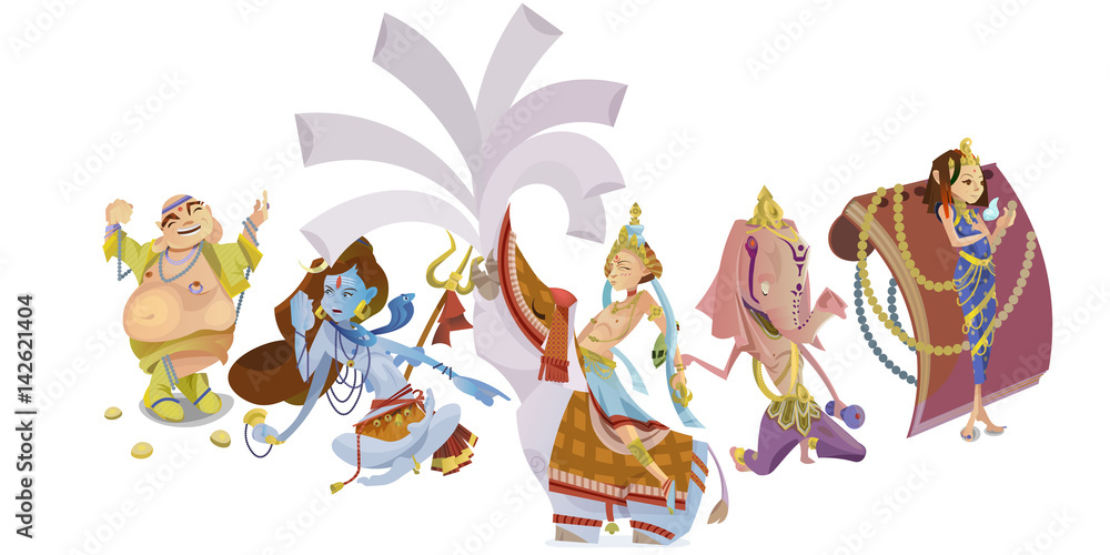 Set of isolated Indian Gods meditation in yoga poses lotus and Goddess hinduism religion, traditional asian culture spiritual mythology, deity worship festival vector illustrations, T-shirt concepts Set of isolated Indian Gods meditation in yoga poses lotus and Goddess hinduism religion, traditional asian culture spiritual mythology, deity worship festival vector illustrations, T-shirt concepts