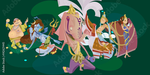 Set of isolated hindu gods meditation in yoga poses lotus and Goddess hinduism religion, traditional asian culture spiritual mythology, deity worship festival vector illustrations, T-shirt concepts