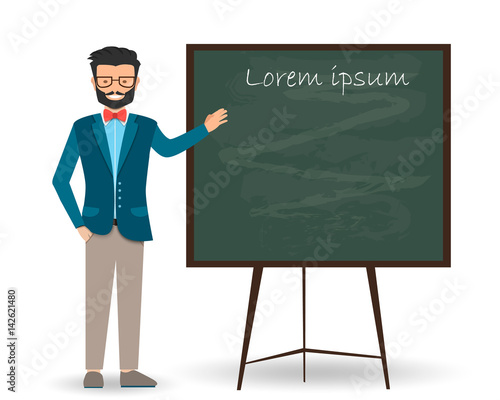 Teacher, professor standing in front of blackboard teaching student in classroom at school, college or university. Flat design people characters. On a white background