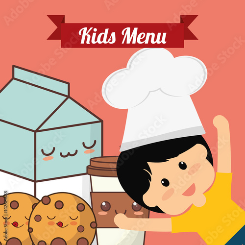 kids menu chef child milk cookie vector illustration eps 10 photo