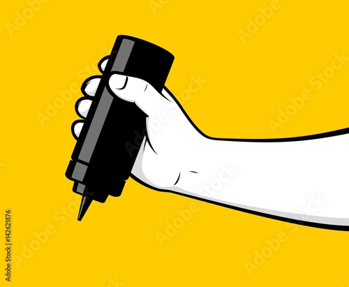 Man hand squeezing sauce bottle