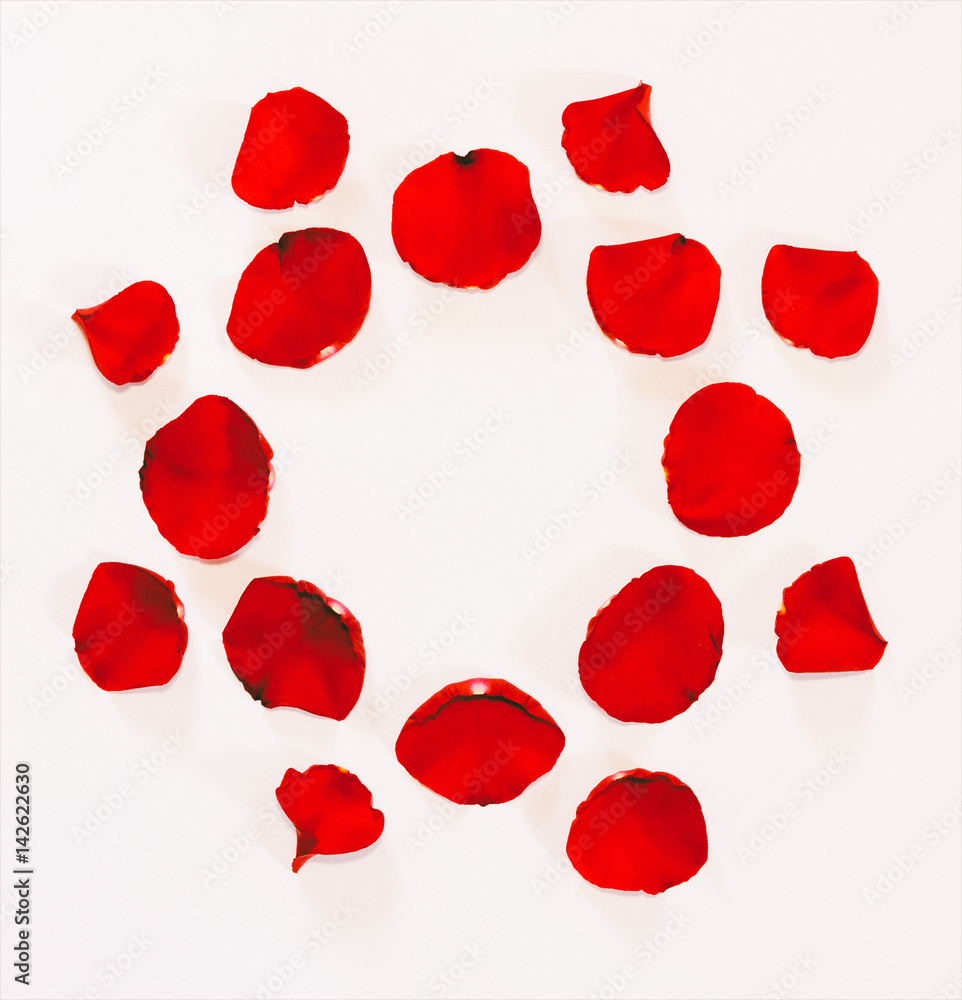 floral ornament from petals of red roses on a white background with space for text floral ornament from petals of red roses on a white background with space for text