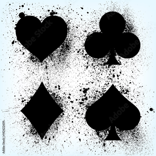 Signs and symbols of a deck of cards for poker and casino. Black spray on a light background. Realistic vector illustration.