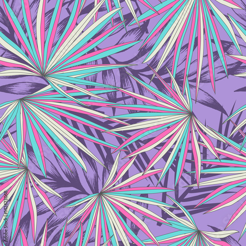 Beautiful fan palm leaves on purple background - seamless print