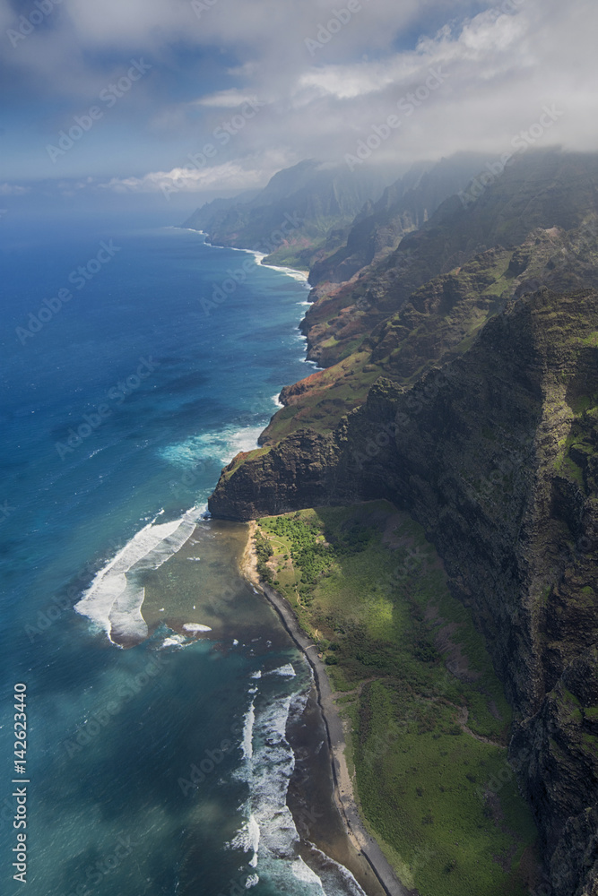 Aerial view of Milolii State Park, Na Pali Coast, island of Kauai, Hawaii 