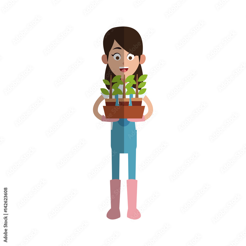 gardener woman holding a plant in a pot cartoon icon over white background. colorful design. vector illutration gardener woman holding a plant in a pot cartoon icon over white background. colorful design. vector illutration
