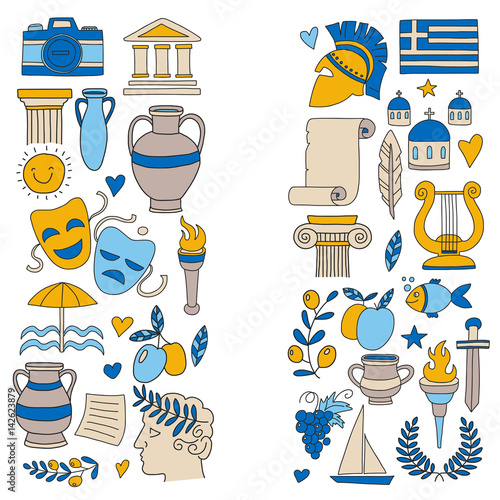 Ancient Greece Vector elements in doodle style Travel, history, music, food, wine