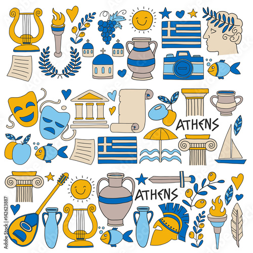 Ancient Greece Vector elements in doodle style Travel, history, music, food, wine
