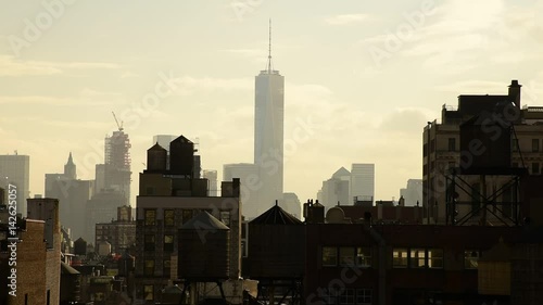 USA, New York, Manhattan, Midtown, Freedom Tower over rooftops and water towers