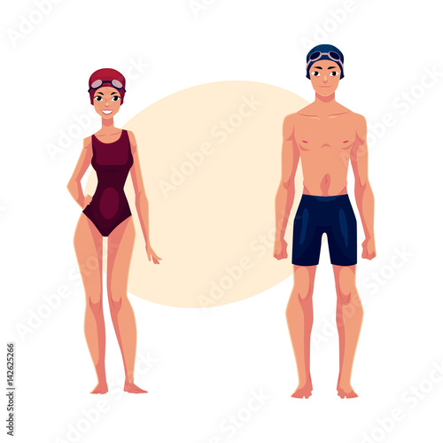 Couple of swimmers, man and woman, in swimming suits, caps , cartoon vector illustration with place for text. Full length portrait of male and female swimmers in swimming suits