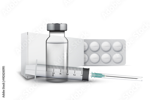 Blister pills, medical vial and syringe, vector illustration isolated on white