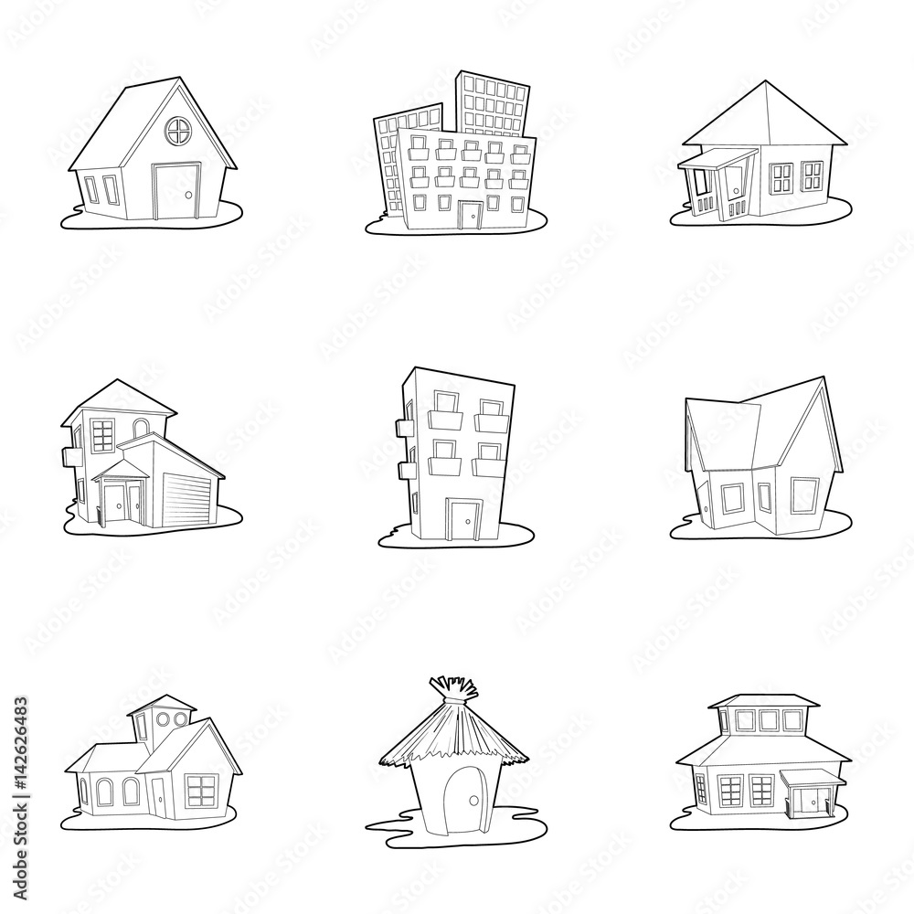 Building icons set, outline style