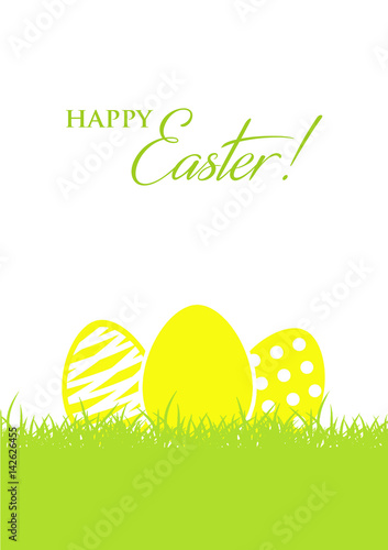 Happy Easter card  with yellow easter eggs, and grass  on white  background
