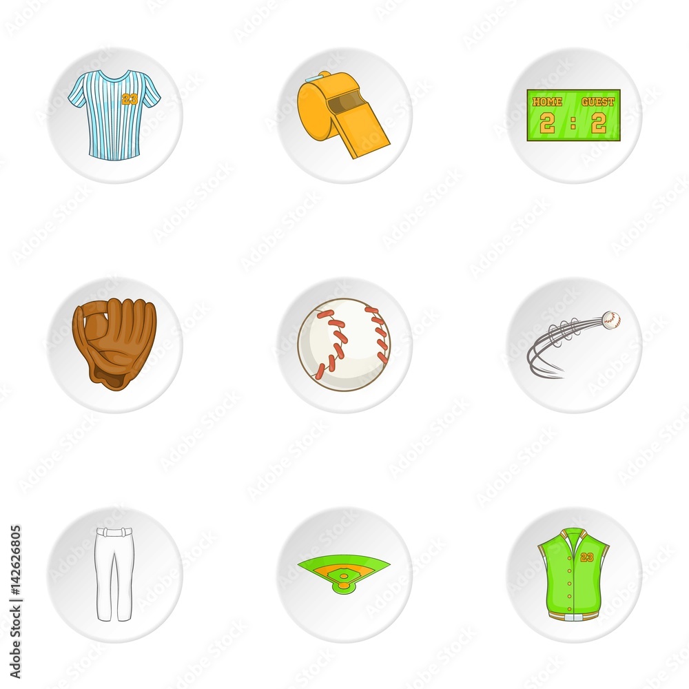 Baseball icons set, cartoon style Baseball icons set, cartoon style