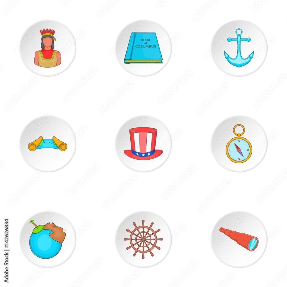 Fototapeta premium Discovery of America icons set, cartoon style