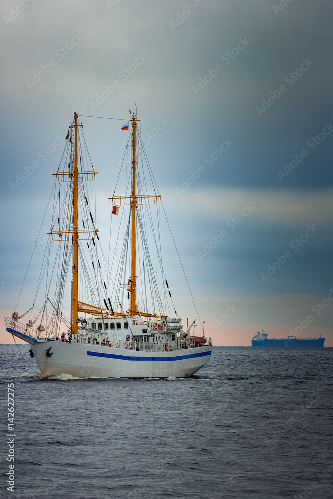 White sailing ship coming from Baltic sea, Europe