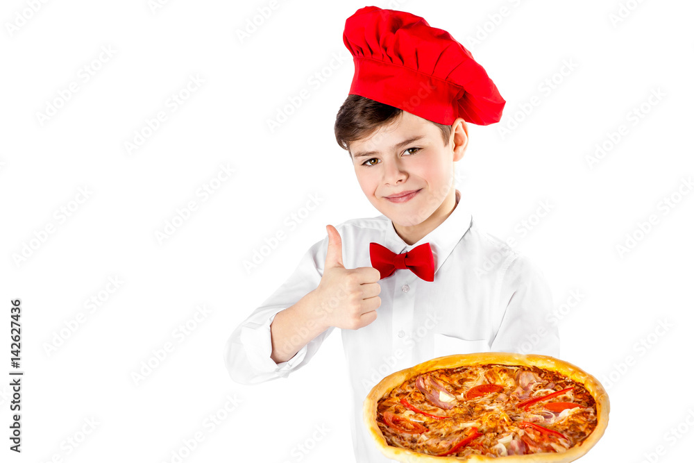 Boy holding pizza isolated on white background Boy holding pizza isolated on white background