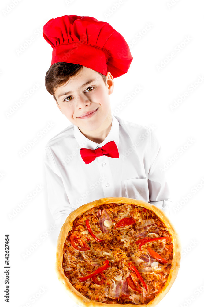 Boy holding pizza isolated on white background Boy holding pizza isolated on white background