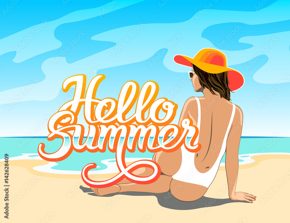 Hello Summer lettering with girl 