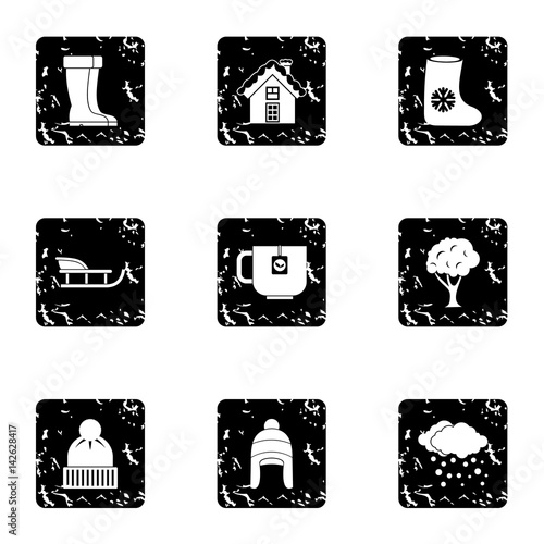 Season winter icons set, grunge style
