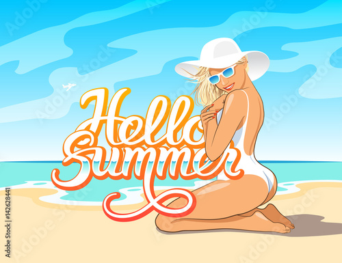 Hello Summer lettering with girl 