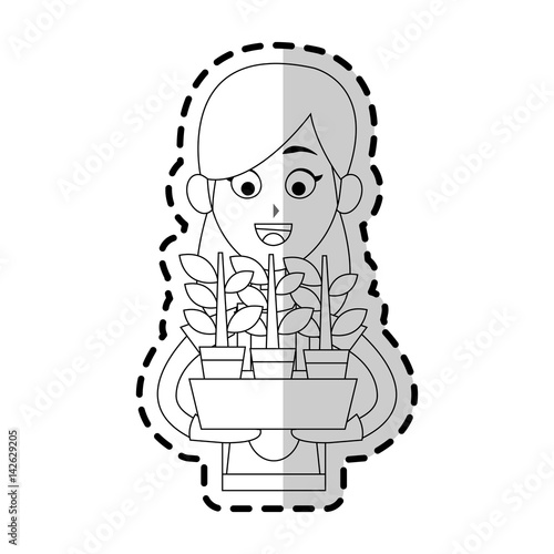 happy female farmer holding plant icon image vector illustration design 
