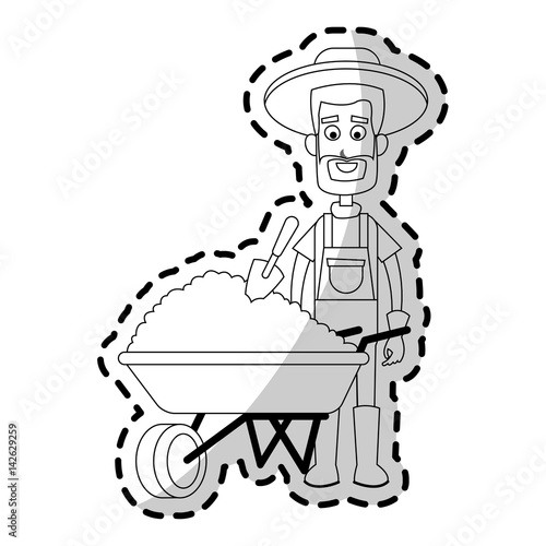 happy male farmer with wheelbarrow icon image vector illustration design 