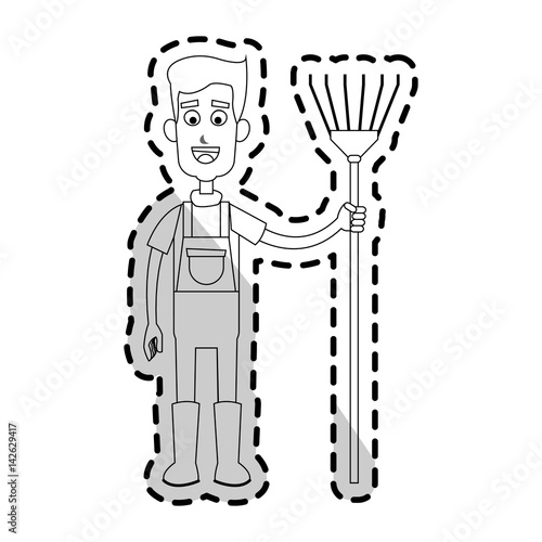 happy male farmer holding rake icon image vector illustration design 