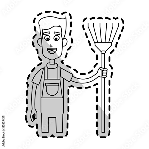 happy male farmer holding rake icon image vector illustration design 