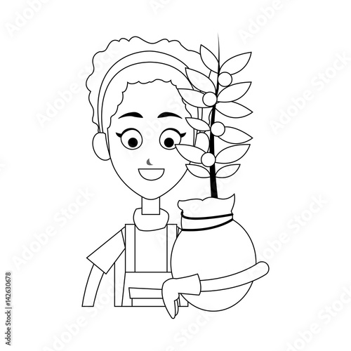 happy female farmer holding plant icon image vector illustration design 