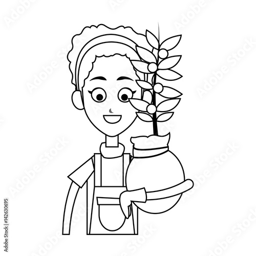 happy female farmer holding plant icon image vector illustration design 