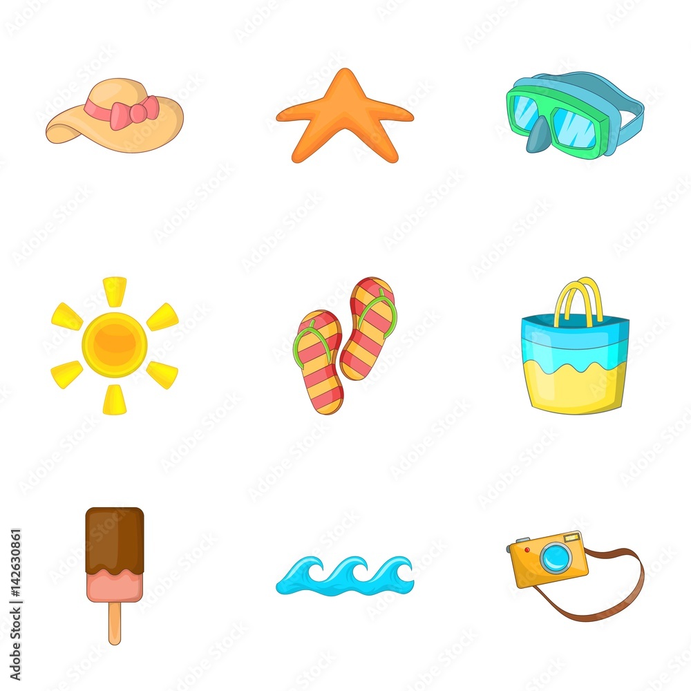 Beach holidays icons set, cartoon style