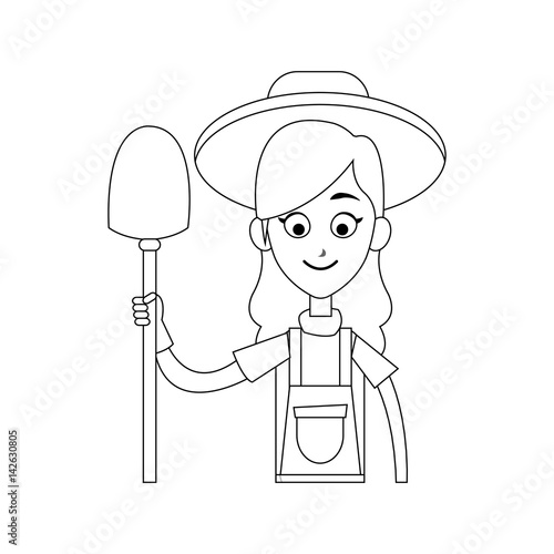happy female farmer holding shovel icon image vector illustration design 