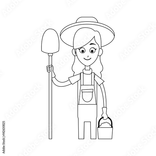 happy female farmer holding shovel icon image vector illustration design 