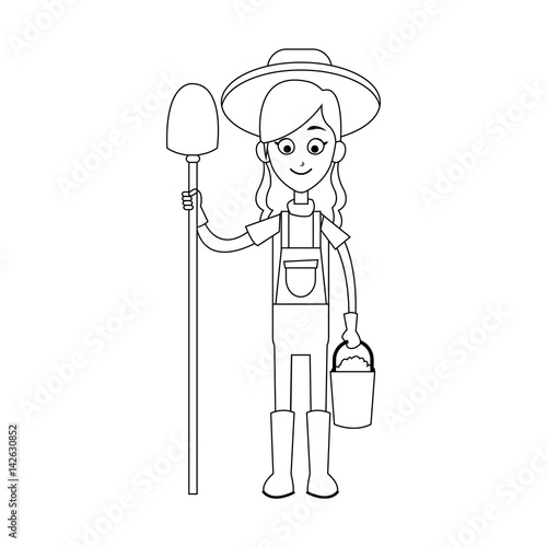 happy female farmer holding shovel icon image vector illustration design 