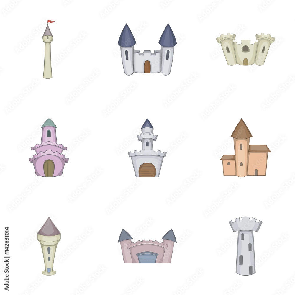 Historical ancient castle icons set, cartoon style Historical ancient castle icons set, cartoon style