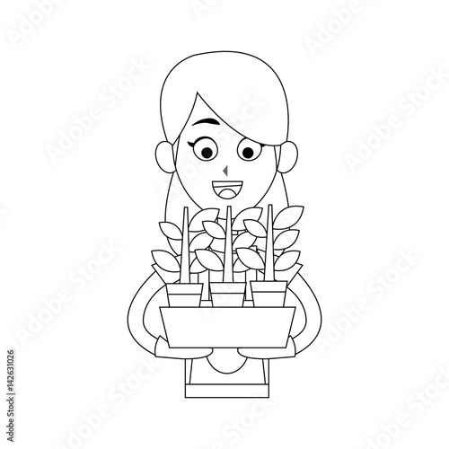 happy female farmer holding plant icon image vector illustration design 